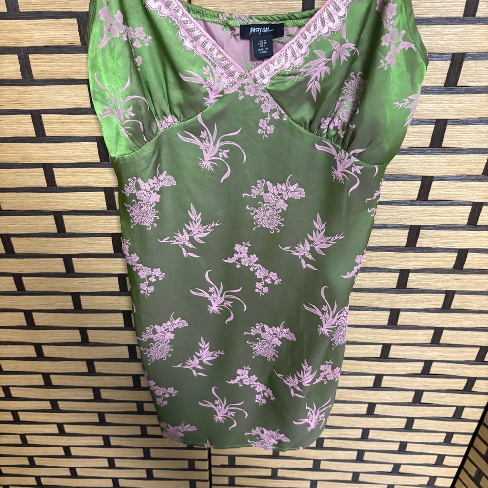 Nasty Gal Pink And Green Satin Floral Lace Nightie‎ Slip Dress Size 6 - Picture 5 of 9